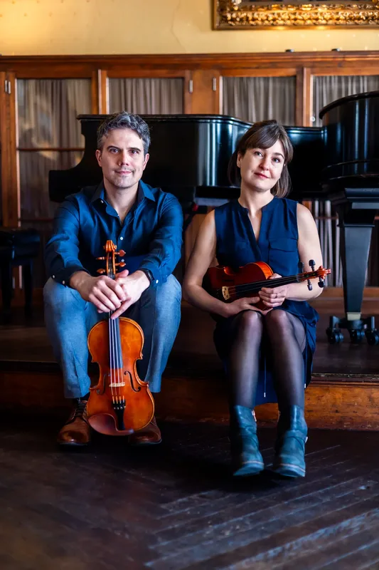 Nathan Gourley and Laura Feddersen with fiddles